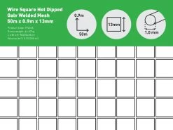 Wire Square Hot Dipped Galv Welded Mesh 50m X 0.9m X 13mm