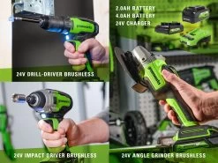 Greenworks 24V Drill Drive Grind 3 Piece 2.0/4.0Ah Kit -Gardena Store gw24vddg greenworks drill impact grinder 24v combo 2b